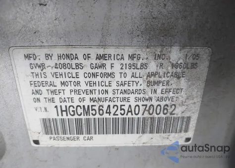 2005 Honda Accord 2.4 Lx z USA, uszkodzony, nr VIN 1HGCM56425A070062